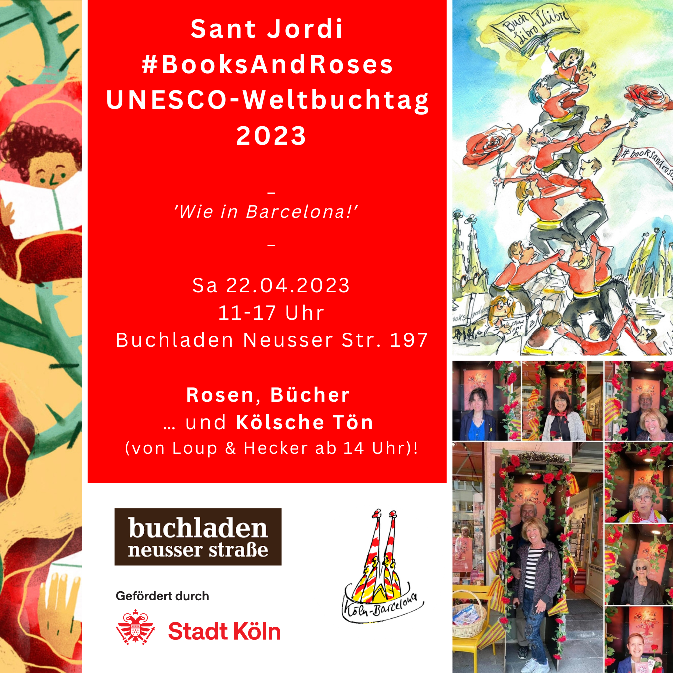 Köln-Barce3lona Flyer Event 22. April 2023. Sant Jordi #BooksAndRoses UNESCO-Welttag des Buches und Urheberrechts